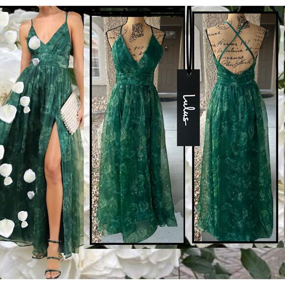 Lulus Romance That Wows Dark Green Floral Print Organza Maxi Dress Size S - Picture 1 of 14